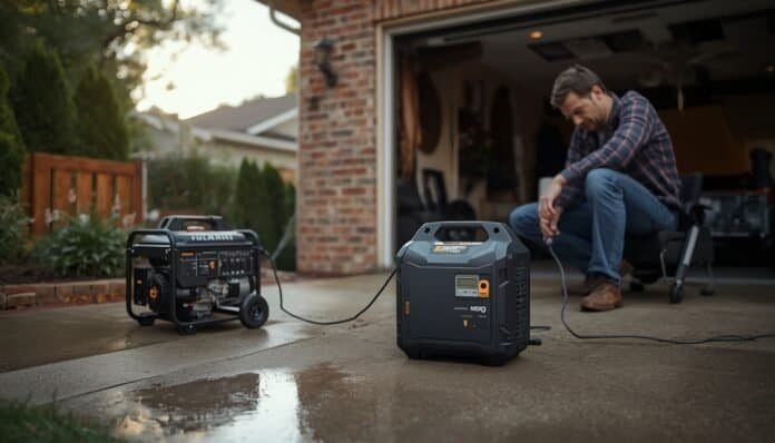 Portable power station charging from a generator outdoors during a home outage with the generator positioned safely away from the house.