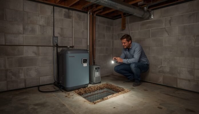 Battery backup sump pump system in a dry basement during a power outage while a homeowner checks the backup battery and water level.