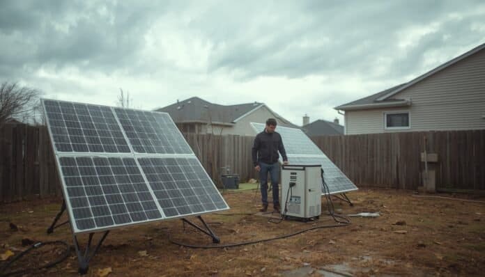 Portable solar panels charging a power station in a cloudy backyard during a power outage.
